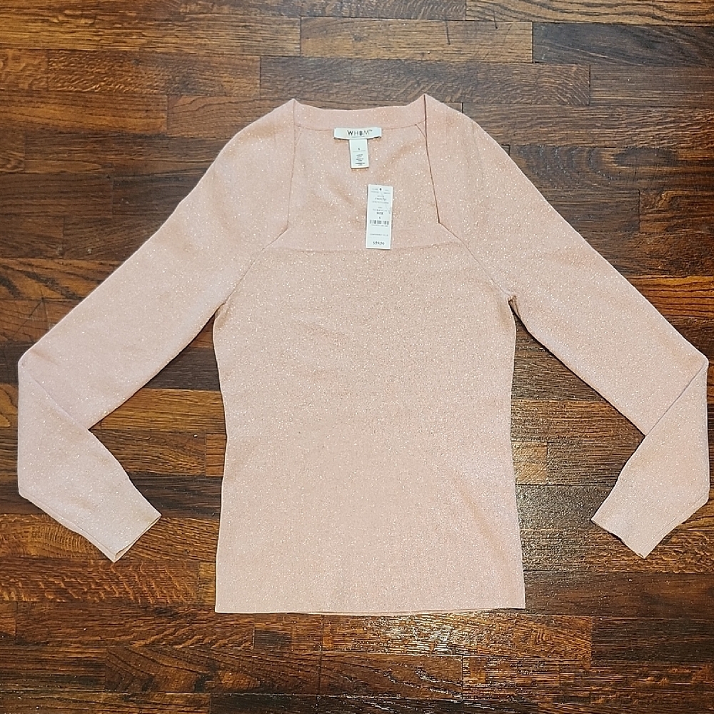 NWT White House Black Market Light Pink Sparkle Square Neck Long Sleeve Sweater
